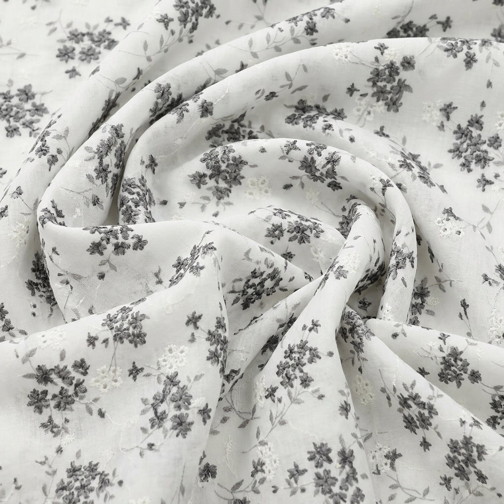 Swirled Cream Embroidery Cotton Fabric Showing Floral and Drape