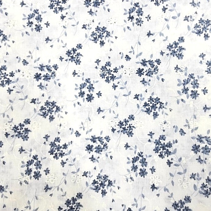Blue Cream Embroidery Cotton Fabric, laid flat