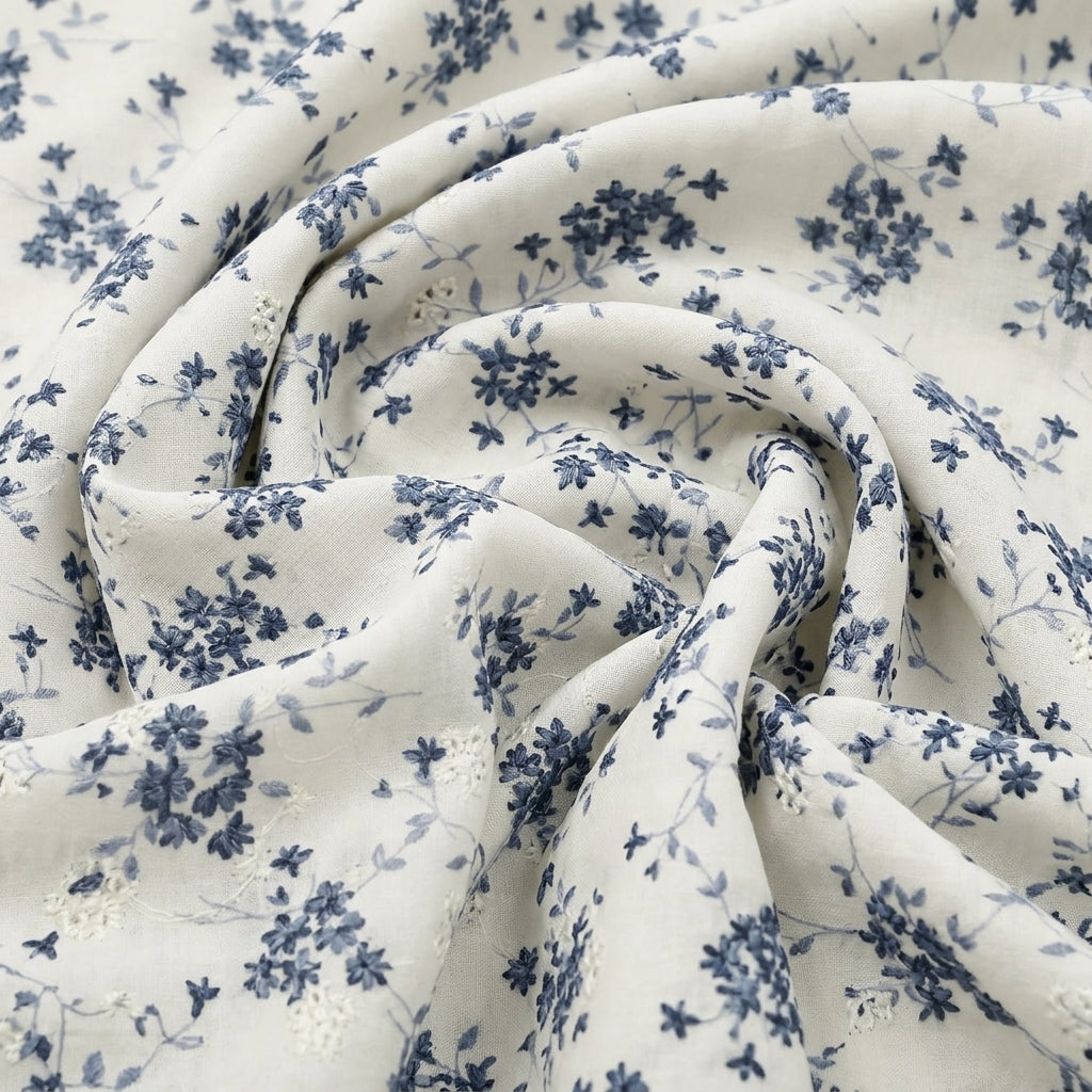 Swirled Cream Embroidery Cotton Fabric Showing Floral and Drape