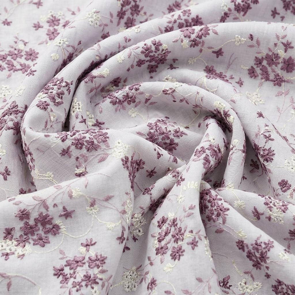 Swirled Cream Embroidery Cotton Fabric Showing Floral and Drape