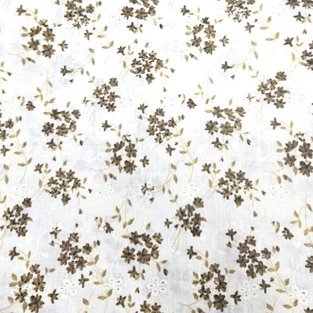 Brown Cream Embroidery Cotton Fabric, laid flat