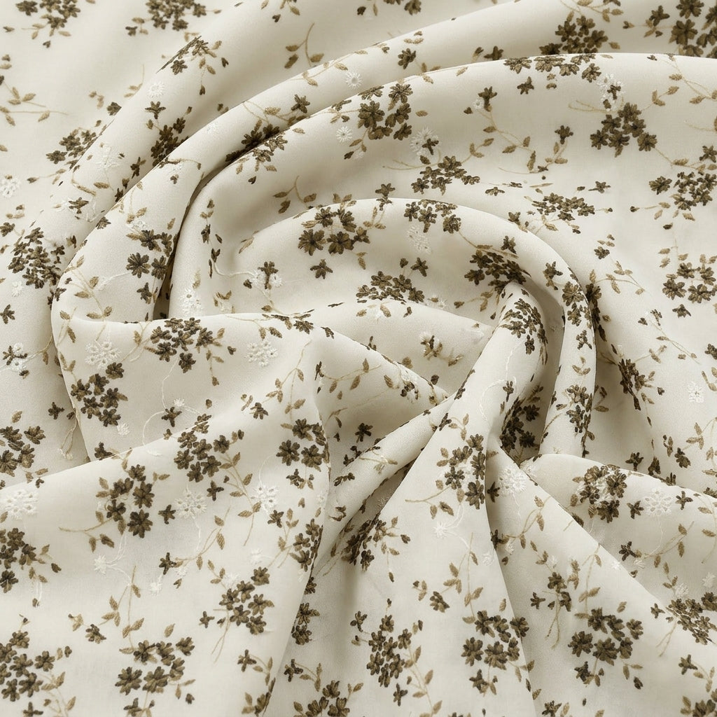 Swirled Cream Embroidery Cotton Fabric Showing Floral and Drape