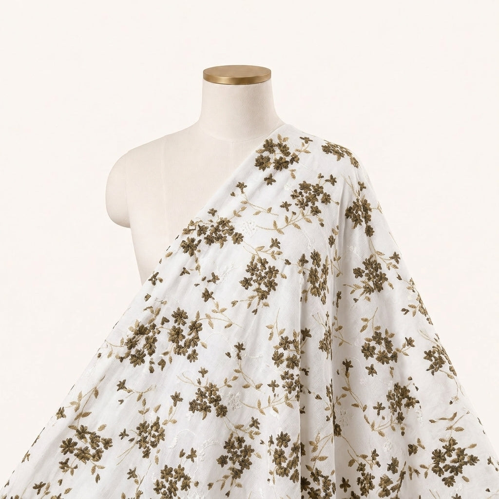 Cream Embroidery Cotton Fabric Draped as a saree
