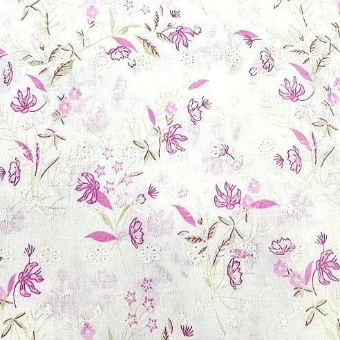Pink Cream Embroidery Cotton Fabric, laid flat