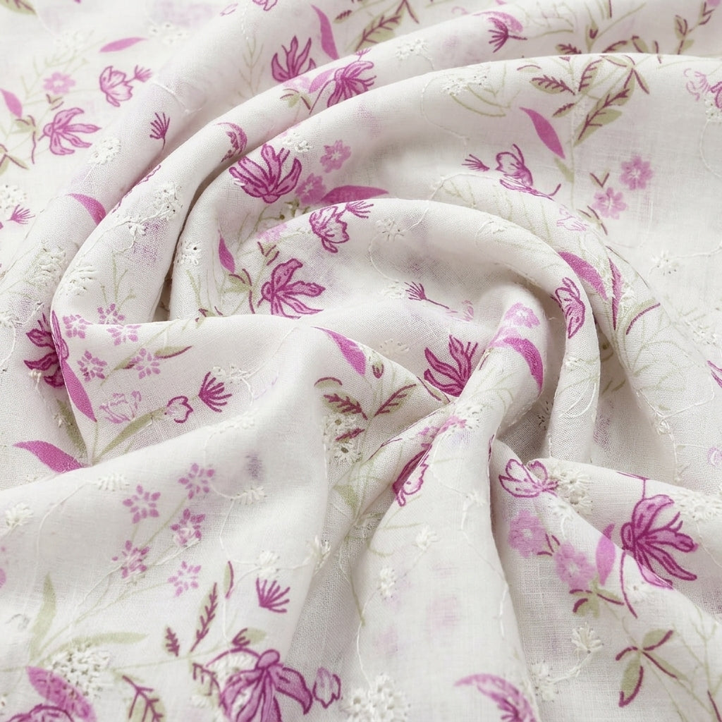 Swirled Cream Embroidery Cotton Fabric Showing Floral and Drape