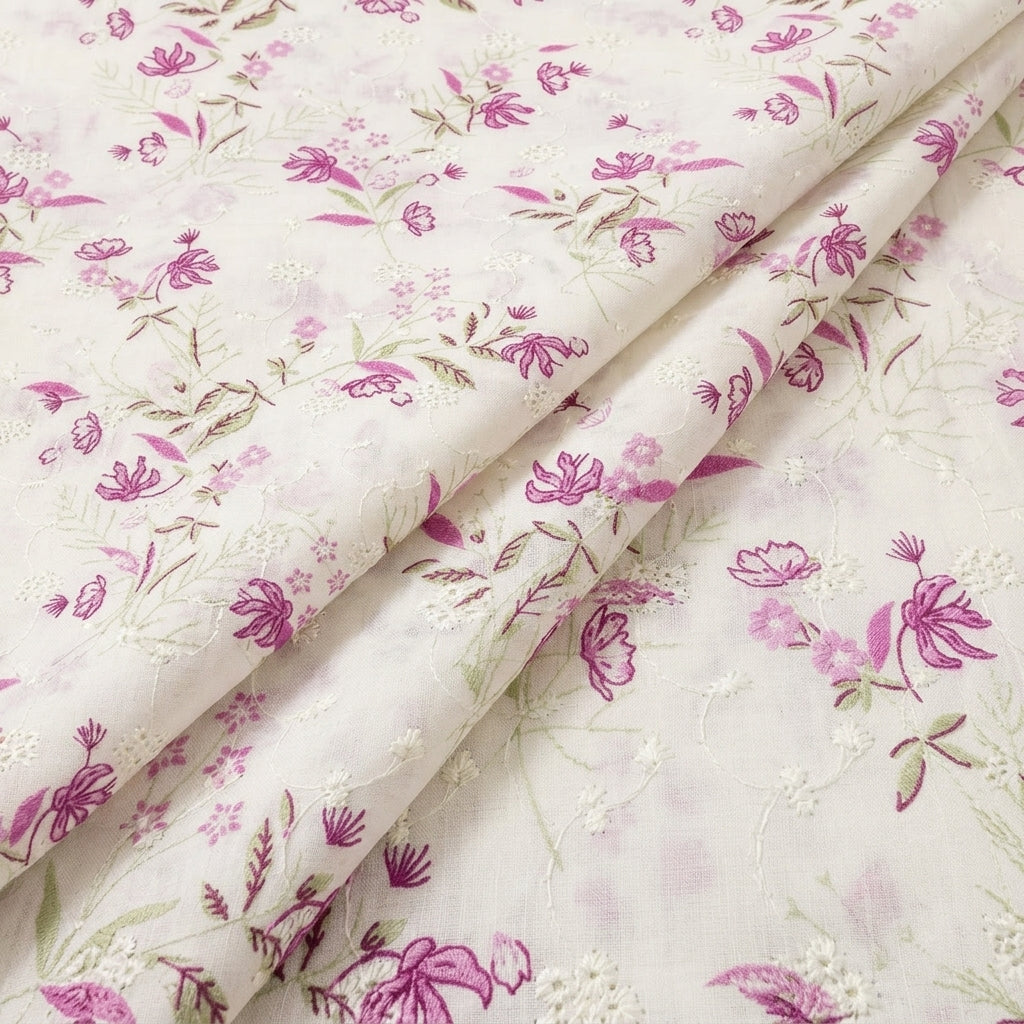 Pink Cream Embroidery Cotton Fabric, folded