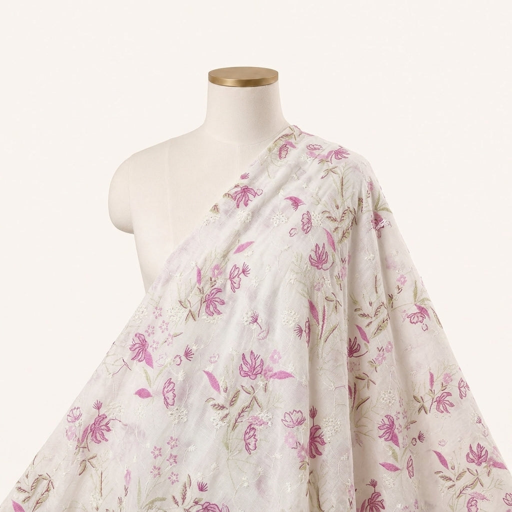 Cream Embroidery Cotton Fabric Draped as a saree