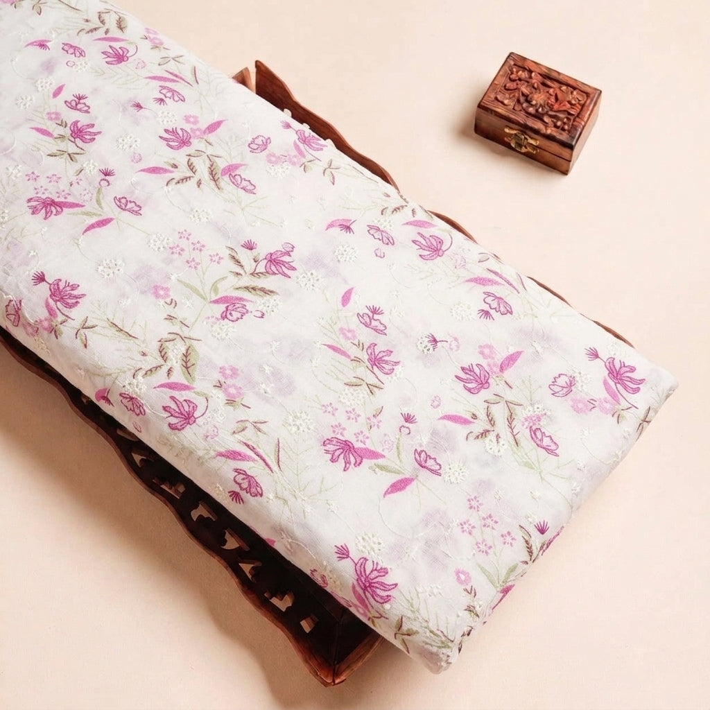 Folded Cream Embroidery Cotton Fabric Highlighting Floral and Texture