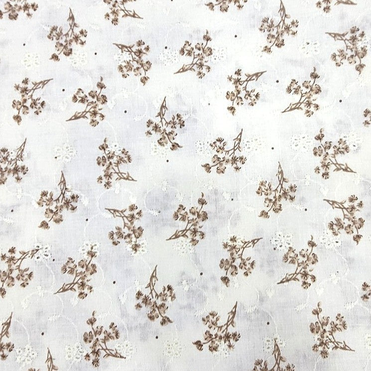 Brown Cream Embroidery Cotton Fabric, laid flat