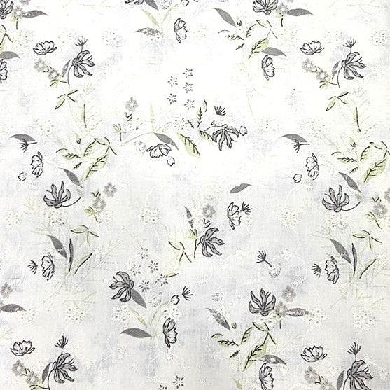 Black Cream Embroidery Cotton Fabric, laid flat