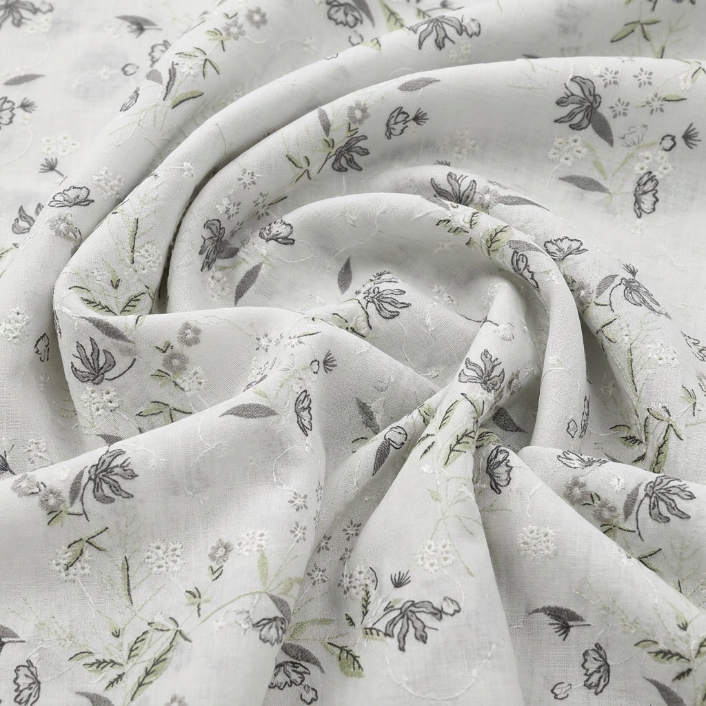 Swirled Cream Embroidery Cotton Fabric Showing Floral and Drape