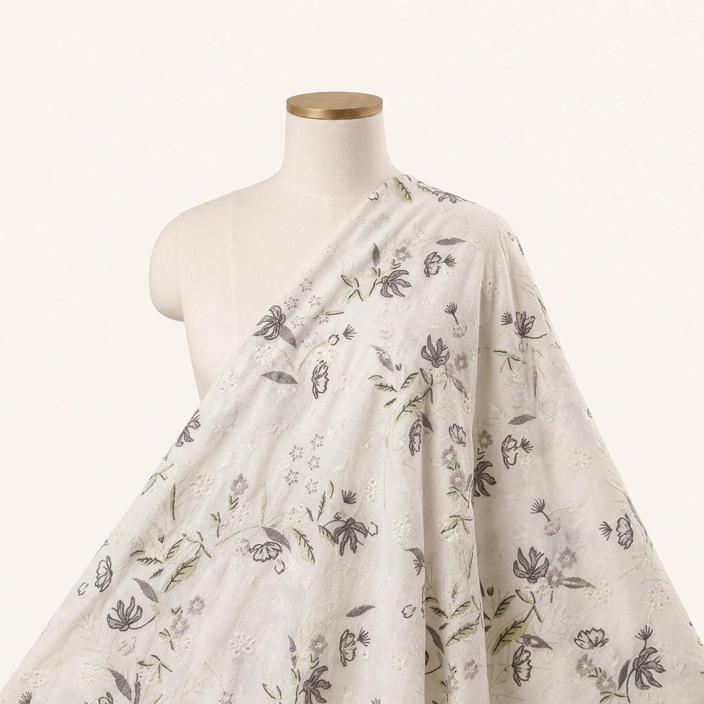 Cream Embroidery Cotton Fabric Draped as a saree