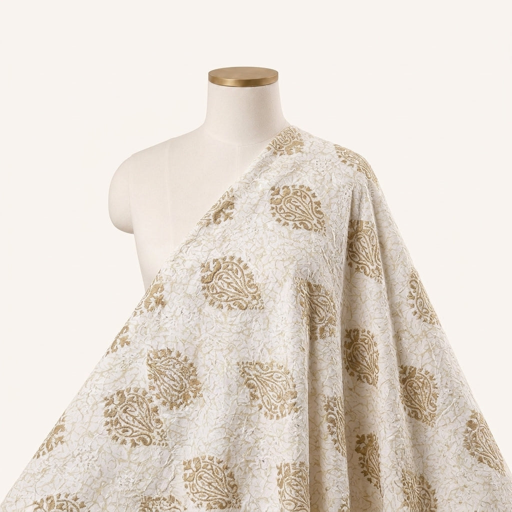 Yellow Cream Embroidery Embroidery Fabric, draped as a saree