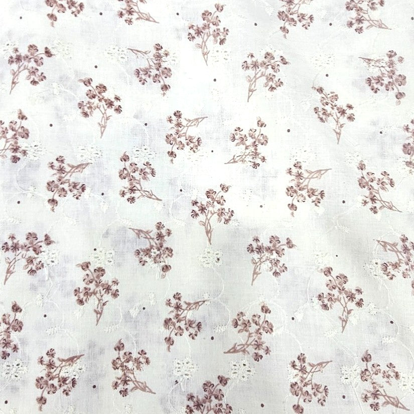 Pink Cream Embroidery Cotton Fabric, laid flat