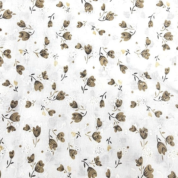 Brown Cream Embroidery Cotton Fabric, laid flat