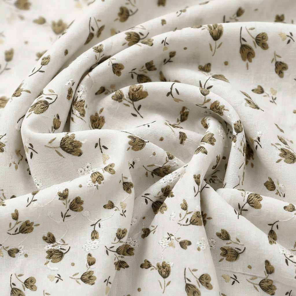 Swirled Cream Embroidery Cotton Fabric Showing Floral and Drape
