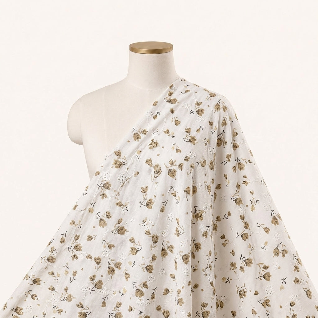 Cream Embroidery Cotton Fabric Draped as a saree