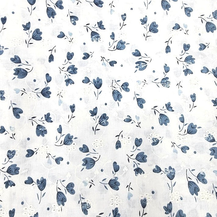 Blue Cream Embroidery Cotton Fabric, laid flat