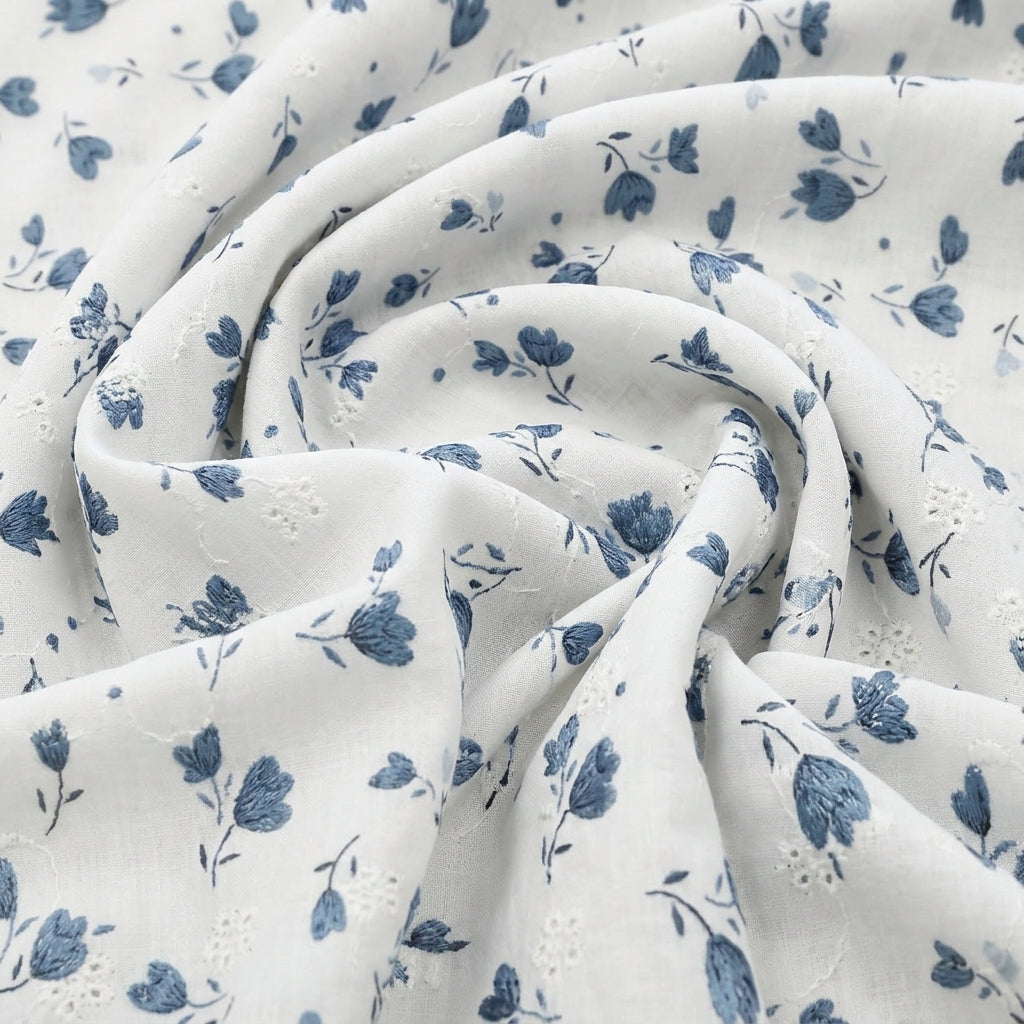 Swirled Cream Embroidery Cotton Fabric Showing Floral and Drape