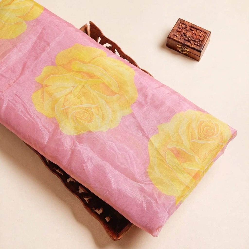 Folded Pink Floral Tissue Fabric Highlighting Shimmer and Texture
