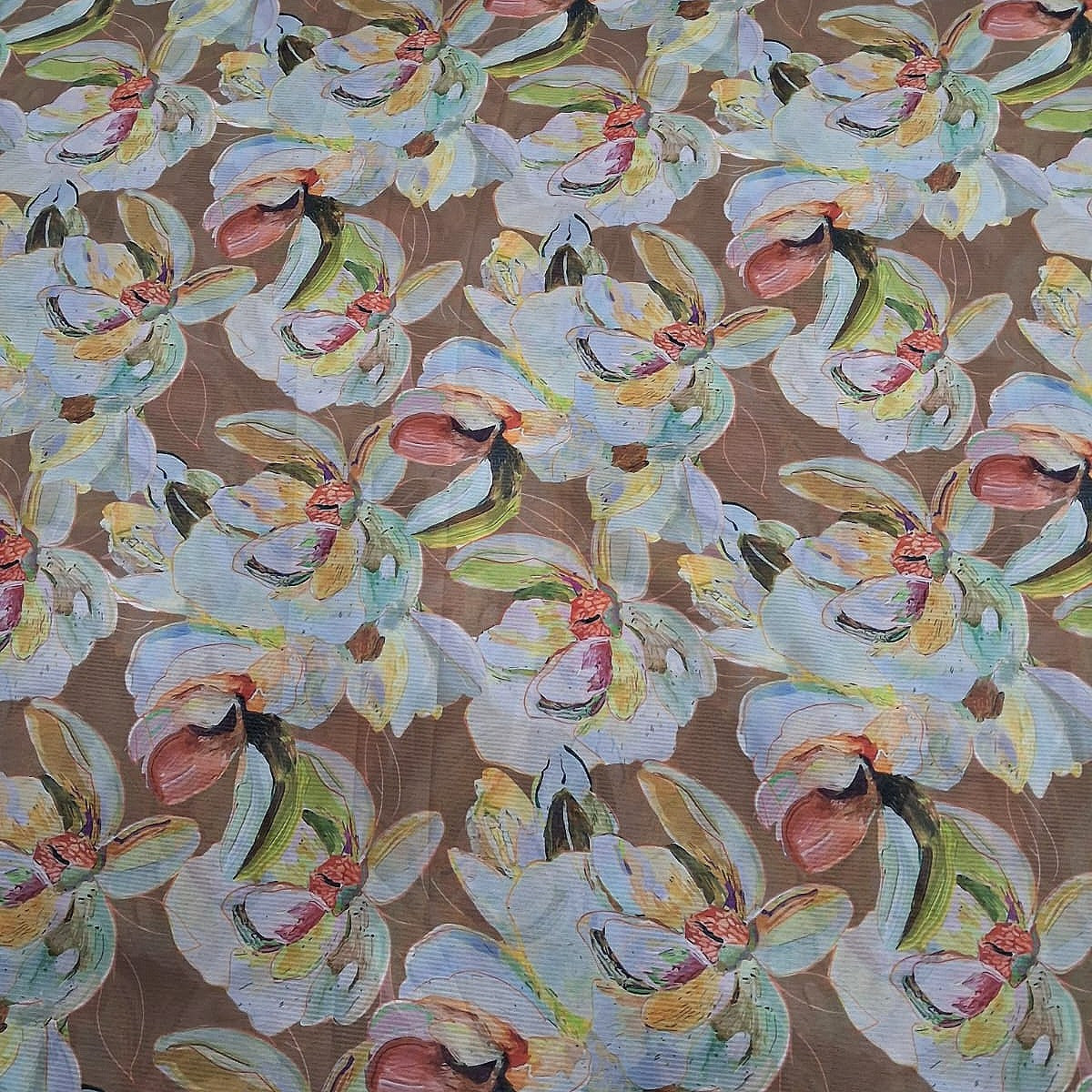 Brown Floral Georgette Fabric, laid flat