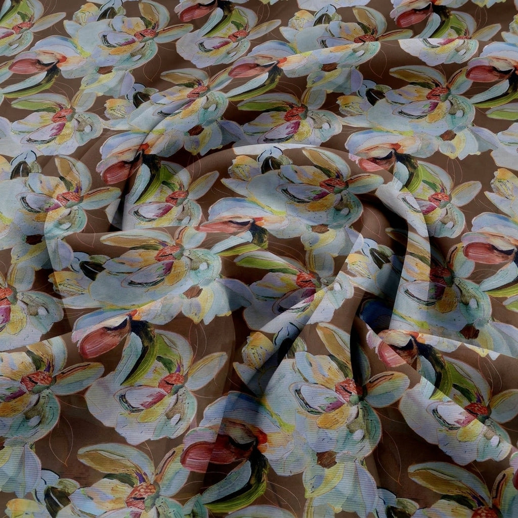 Swirled Brown Floral Georgette Fabric Showing Dented Flowy and Drape