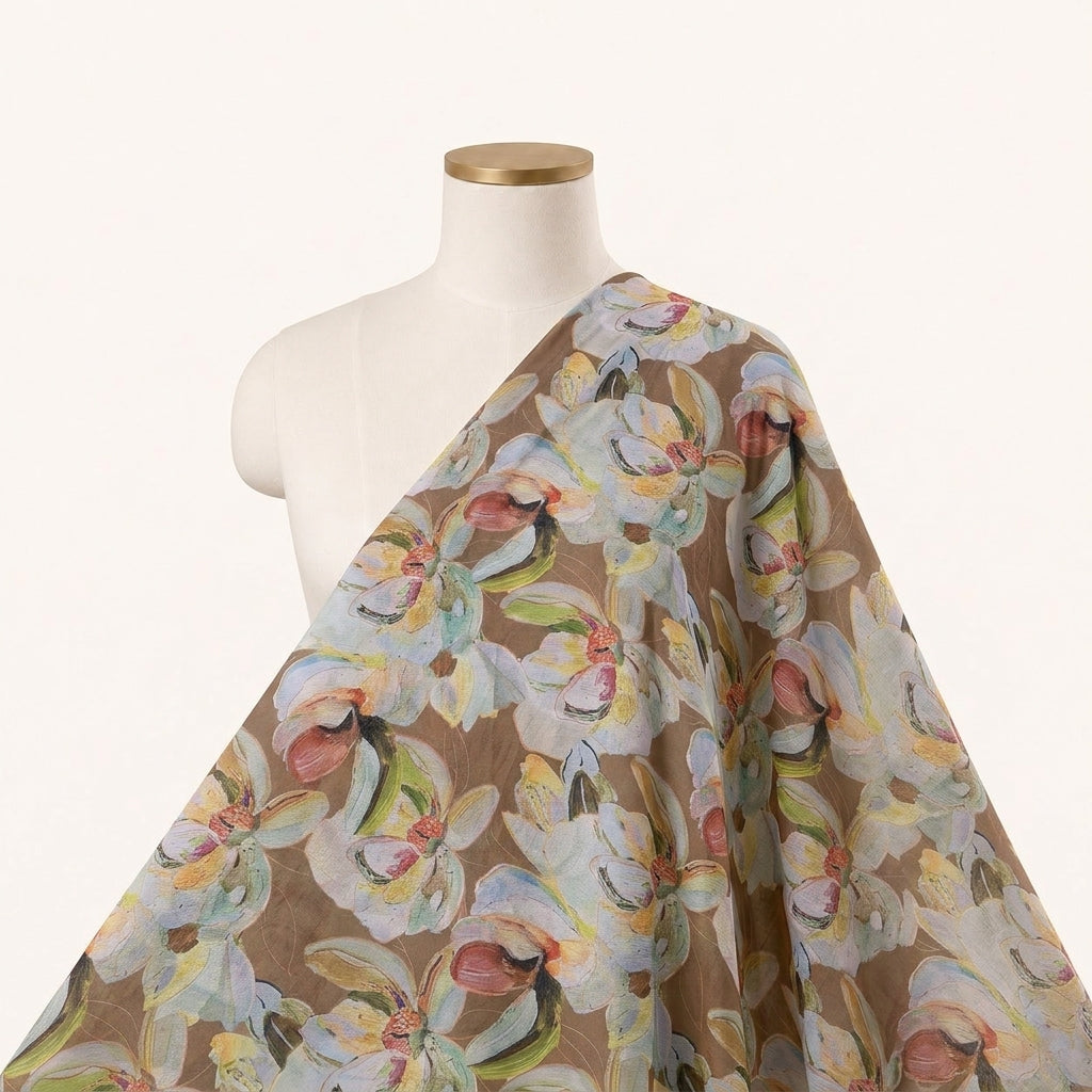 Brown Floral Georgette Fabric Draped as a saree