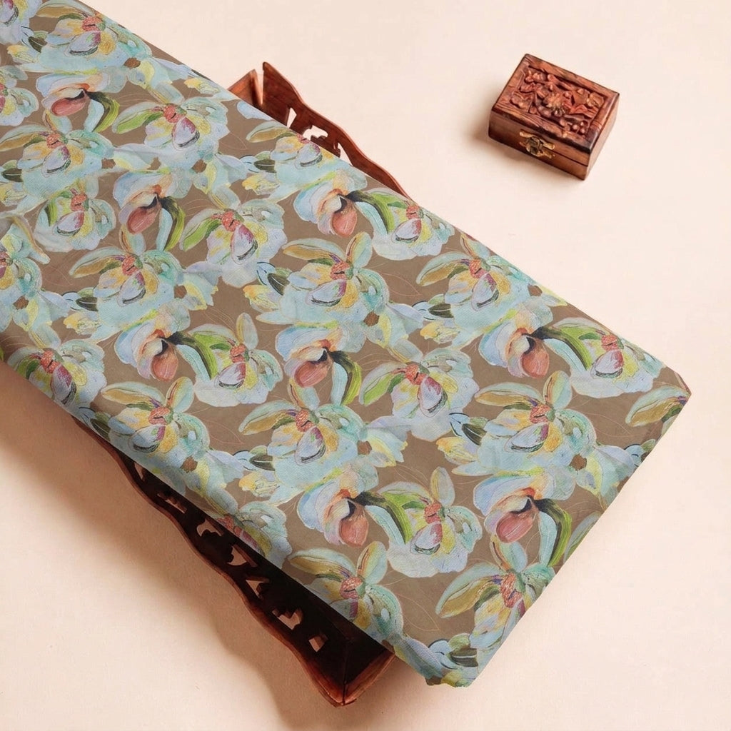 Folded Brown Floral Georgette Fabric Highlighting Dented Flowy and Texture