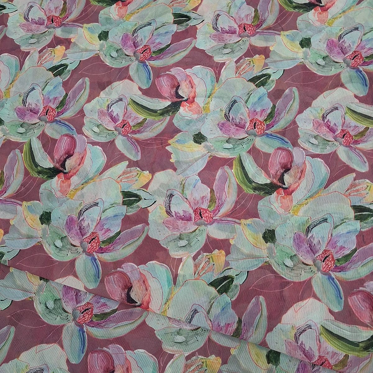 Pink Floral Georgette Fabric, laid flat