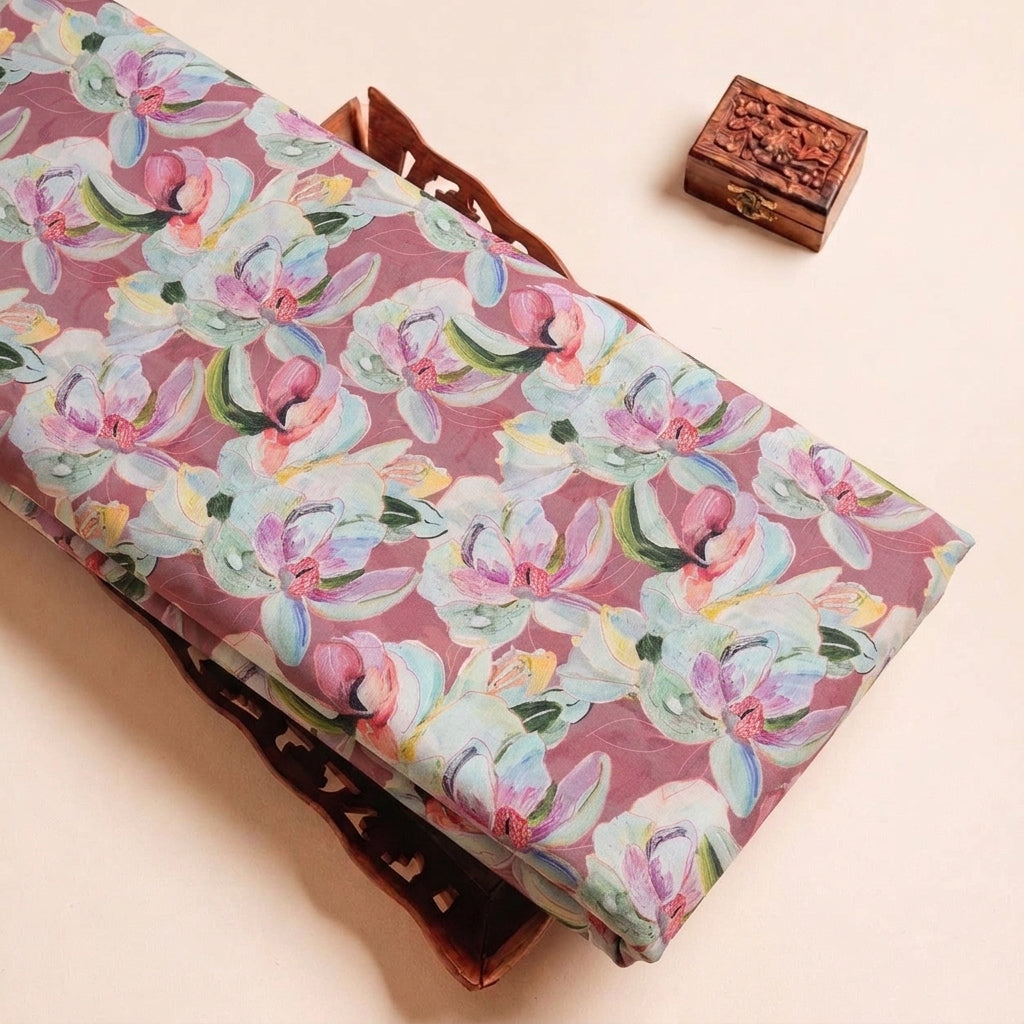 Folded Pink Floral Georgette Fabric Highlighting Dented Flowy and Texture