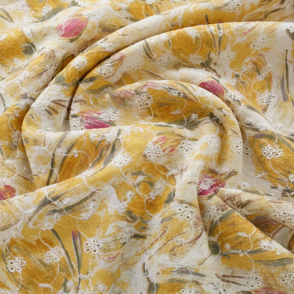Swirled Yellow Embroidery Cotton Fabric Showing Thread Work and Drape