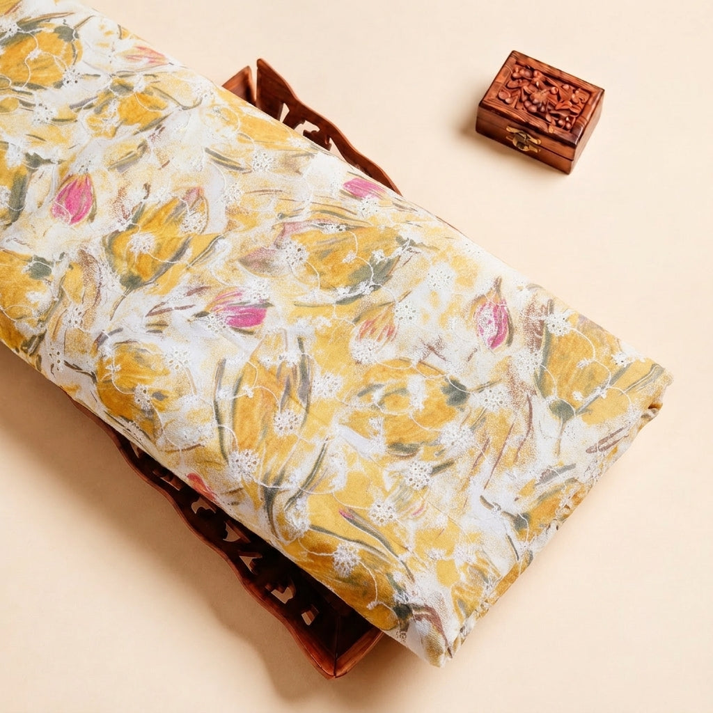 Yellow Embroidery Cotton Fabric with Thread Work