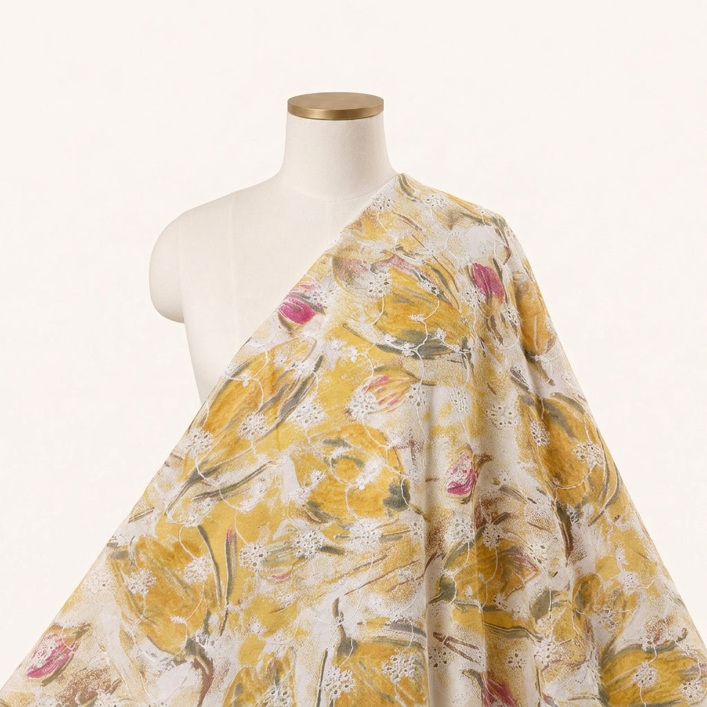 Yellow Embroidery Cotton Fabric Draped as a saree