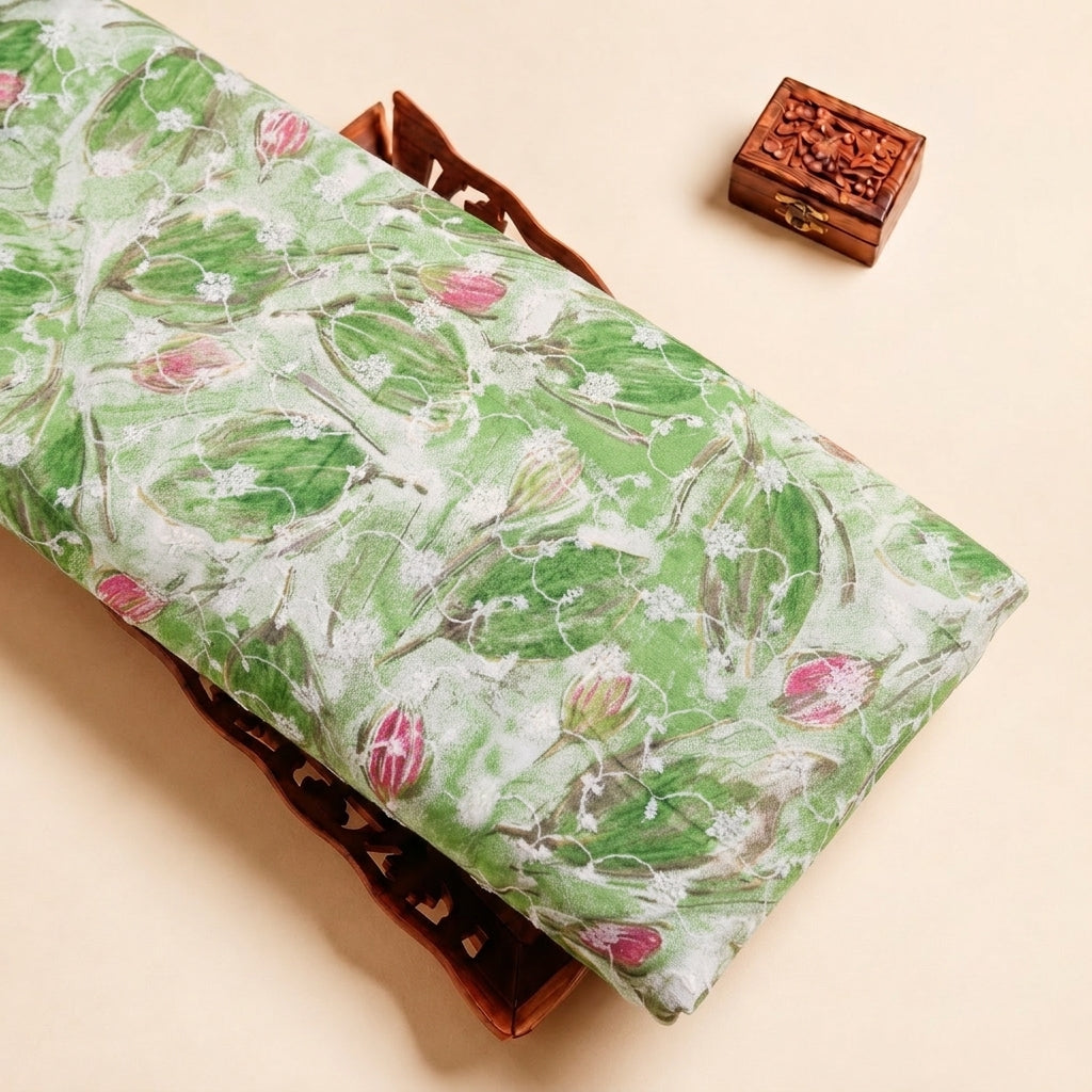 Green Embroidery Cotton Fabric, folded