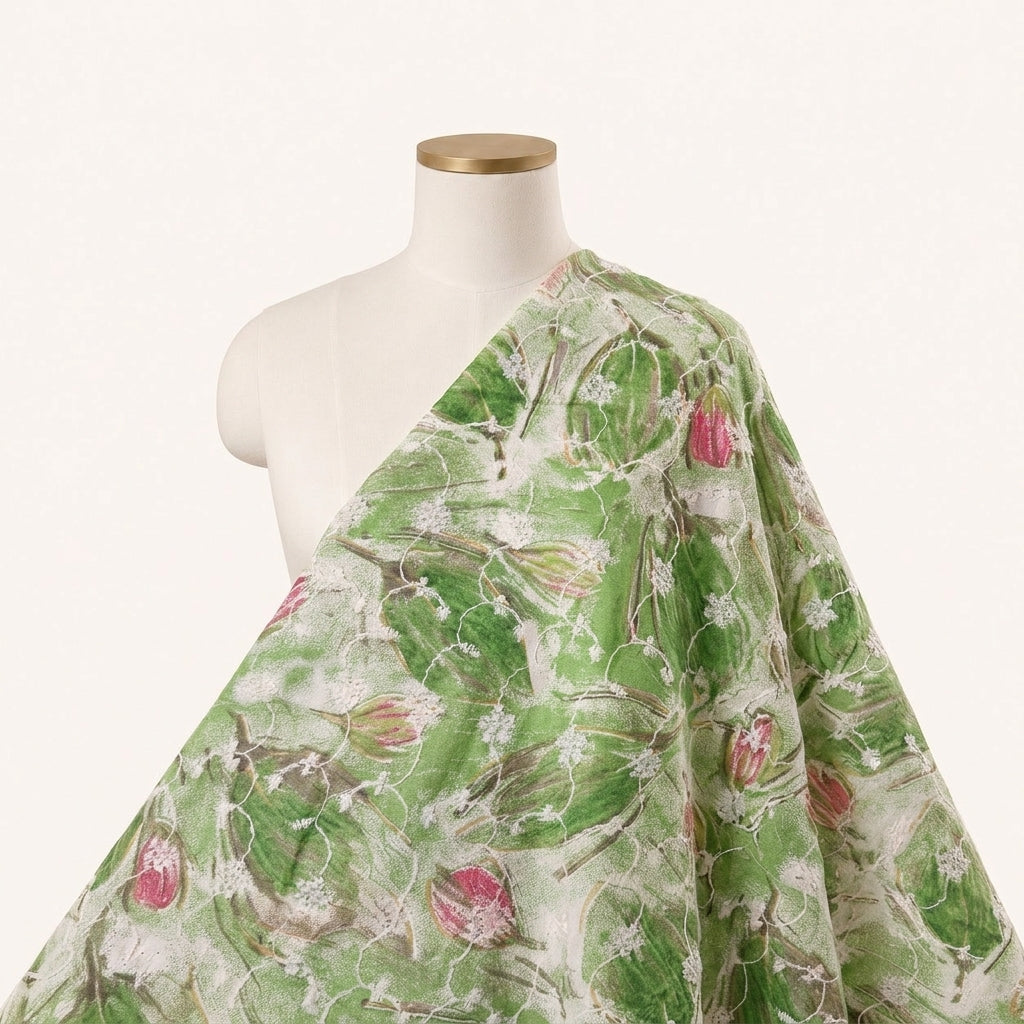 Green Embroidery Cotton Fabric Draped as a saree