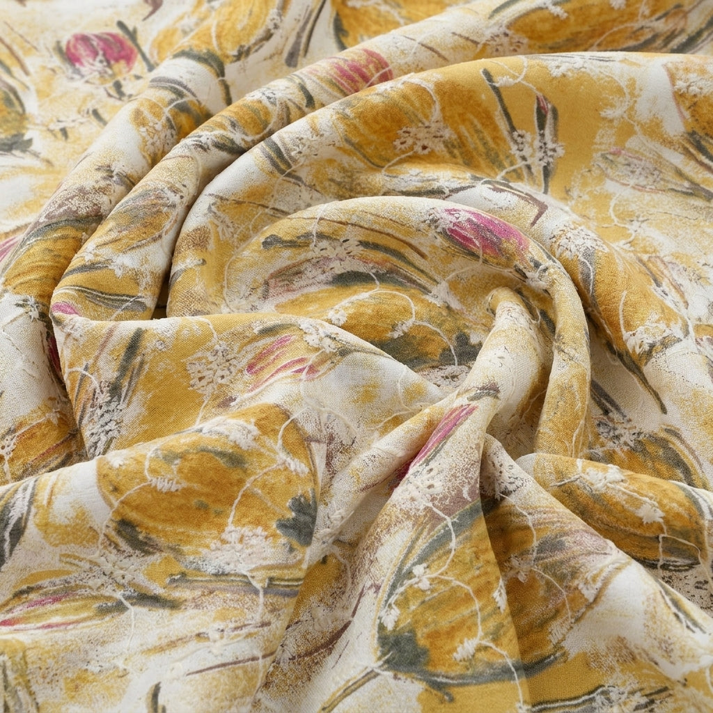 Swirled Yellow Embroidery Cotton Fabric Showing Thread Work and Drape