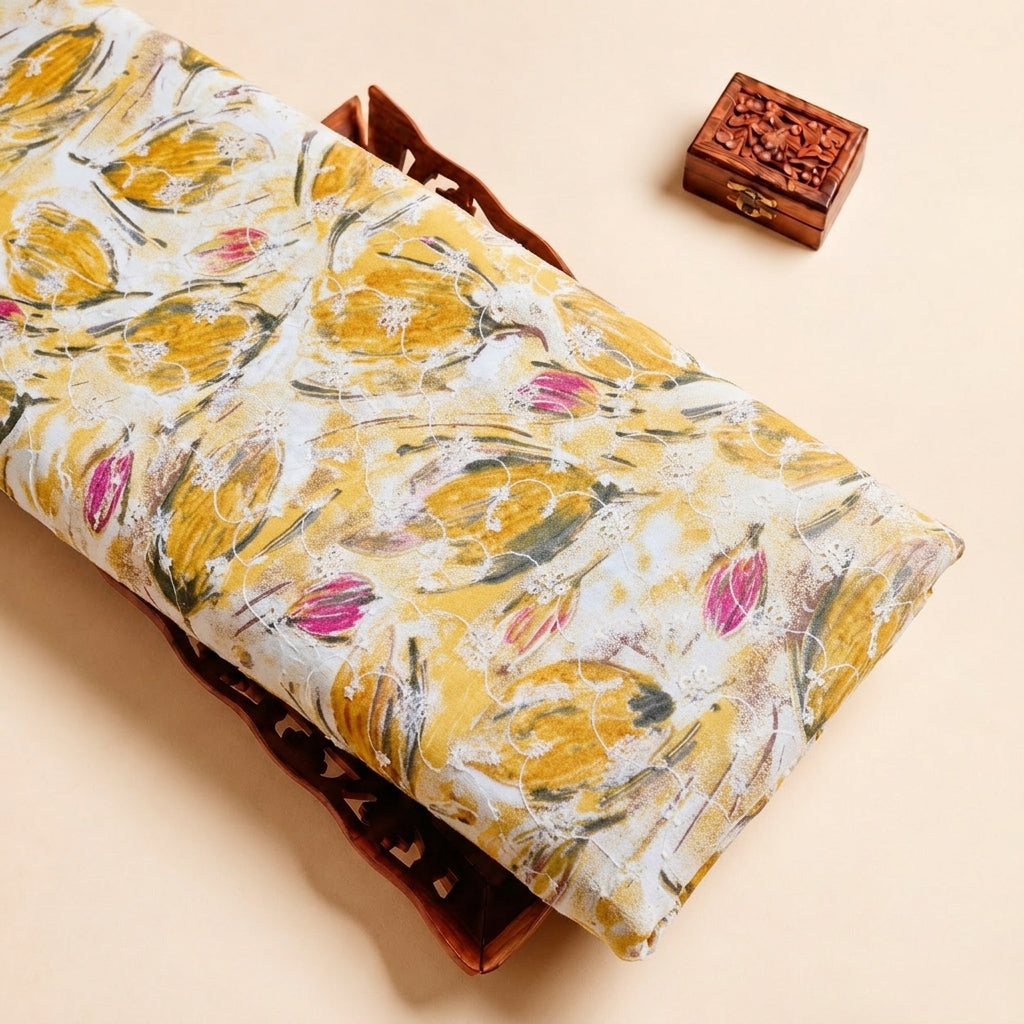 Yellow Embroidery Cotton Fabric with Thread Work