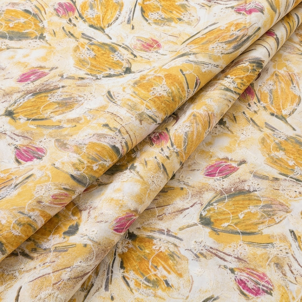 Folded Yellow Embroidery Cotton Fabric