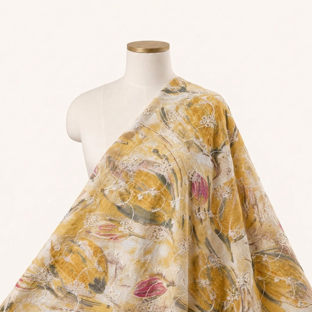 Yellow Embroidery Cotton Fabric Draped as a saree