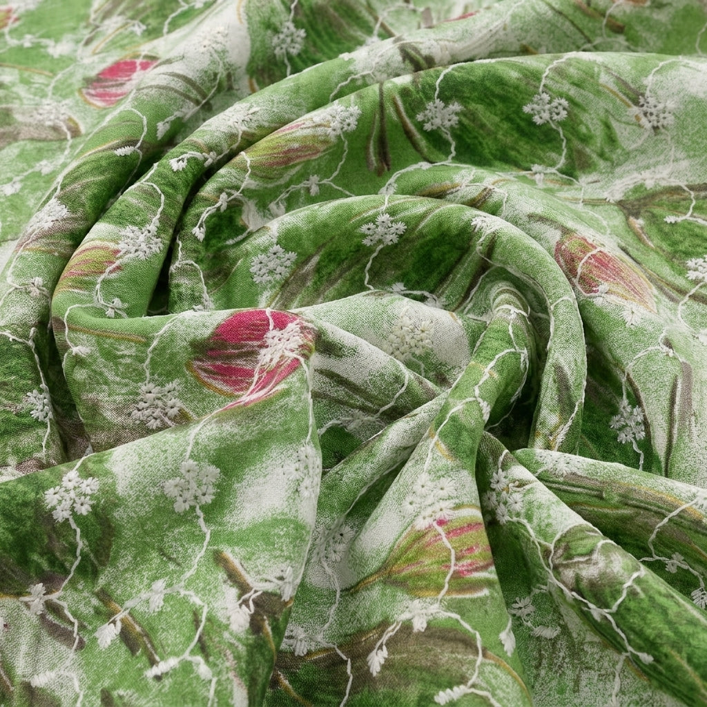 Swirled Green Embroidery Cotton Fabric Showing Thread Work and Drape