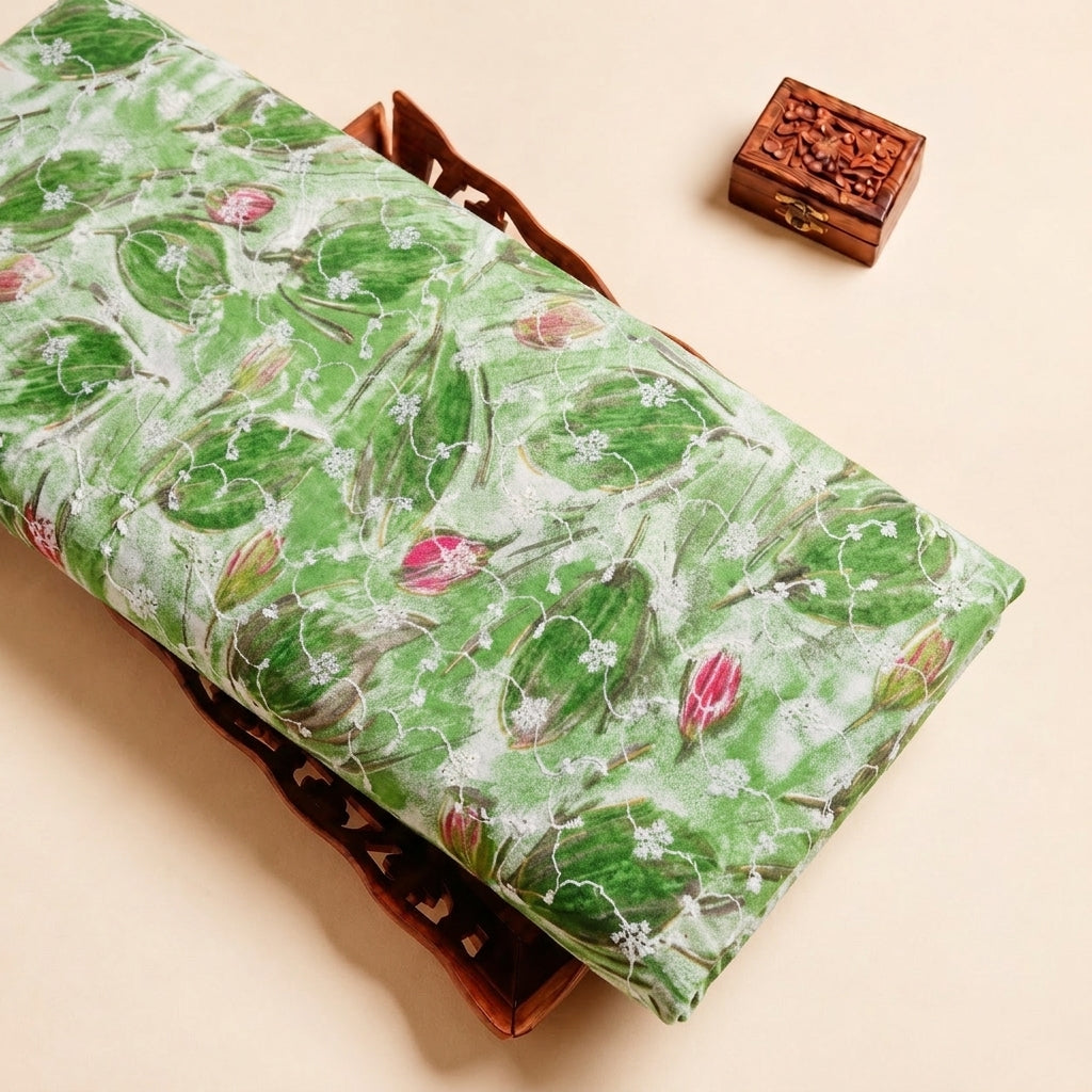 Green Embroidery Cotton Fabric with Thread Work