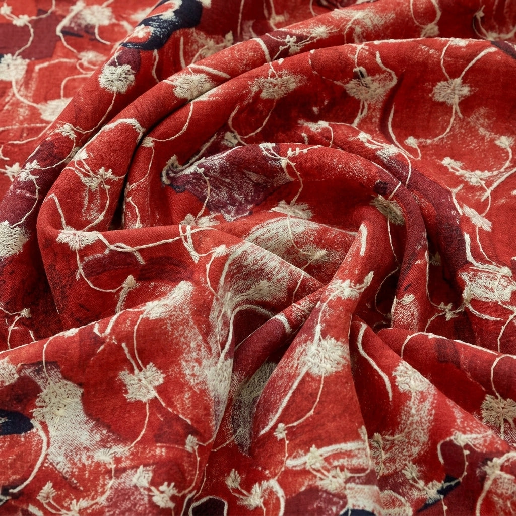 Swirled Red Embroidery Cotton Fabric Showing Thread Work and Drape