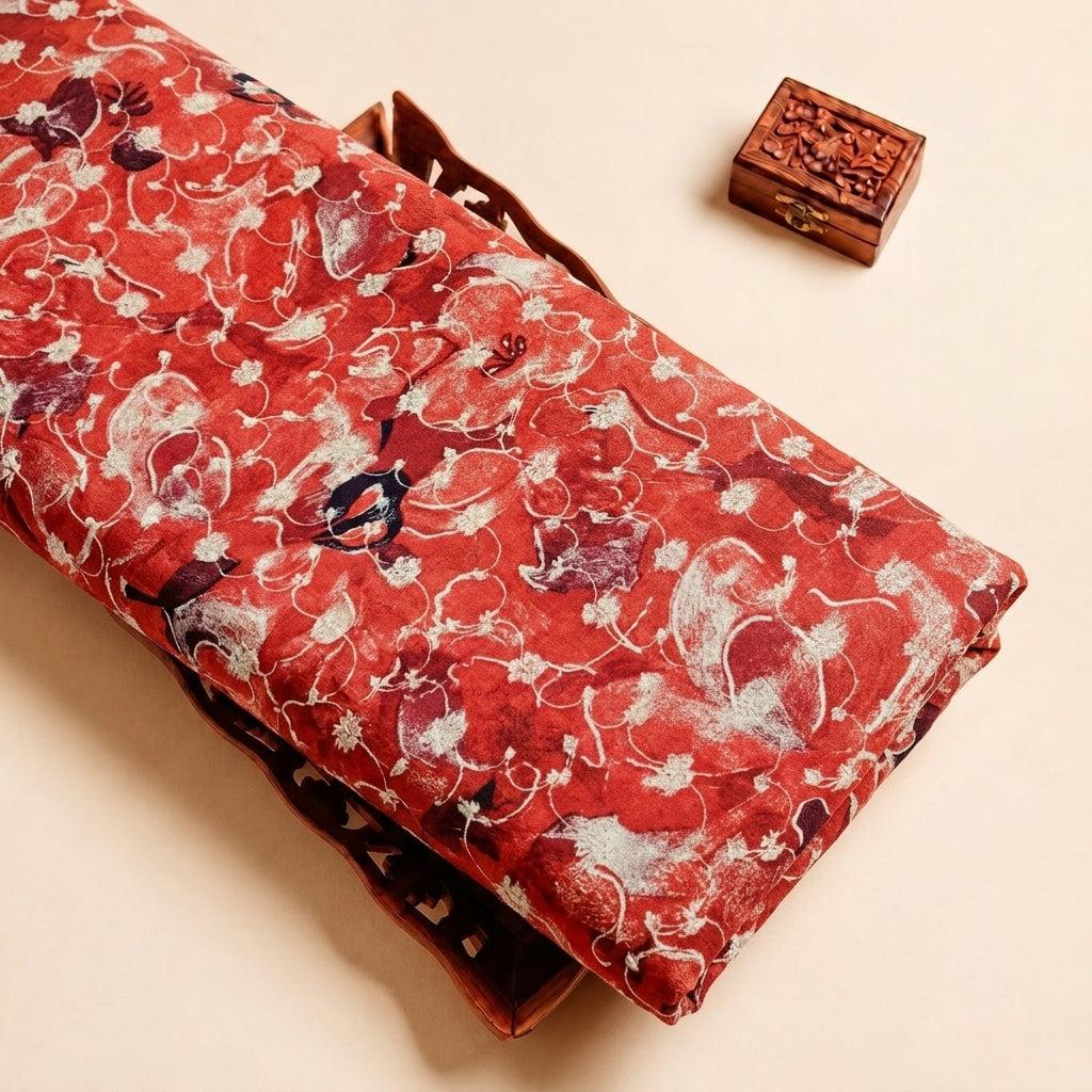 Red Embroidery Cotton Fabric with Thread Work