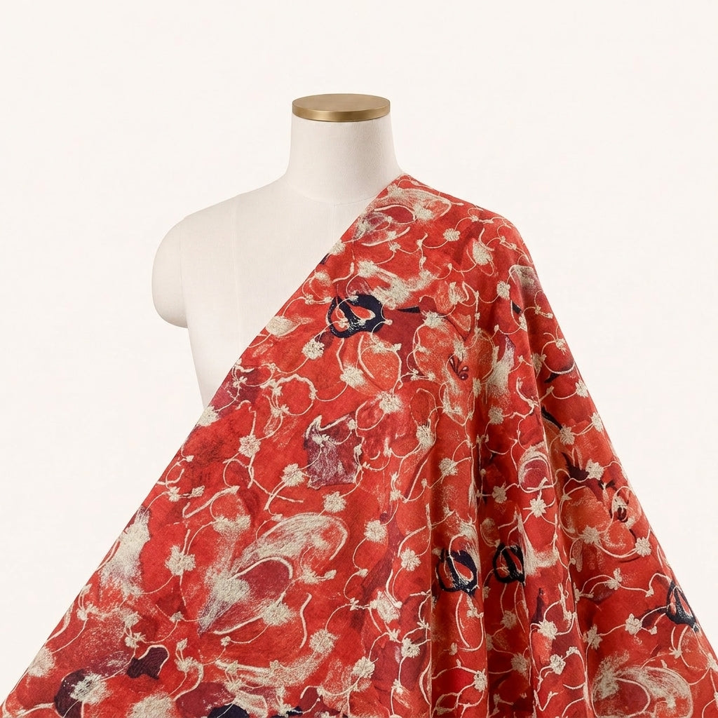 Red Embroidery Cotton Fabric Draped as a saree
