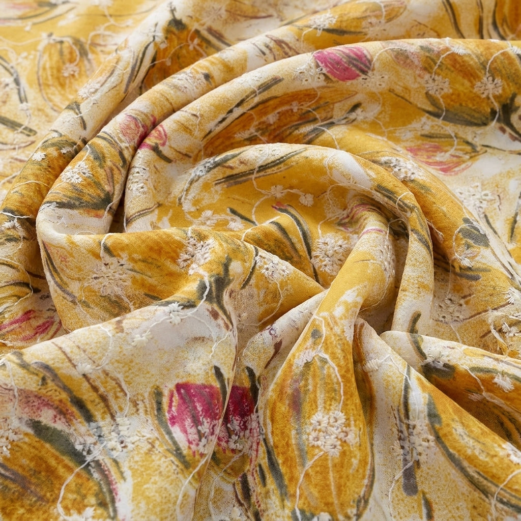 Swirled Yellow Embroidery Cotton Fabric Showing Thread Work and Drape