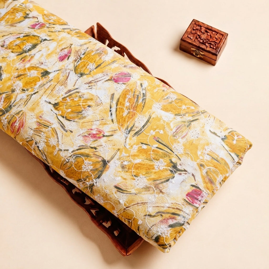 Yellow Embroidery Cotton Fabric with Thread Work