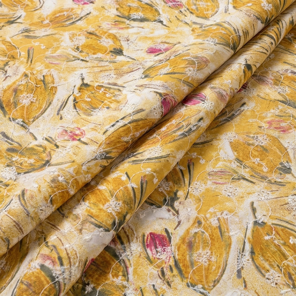 Folded Yellow Embroidery Cotton Fabric