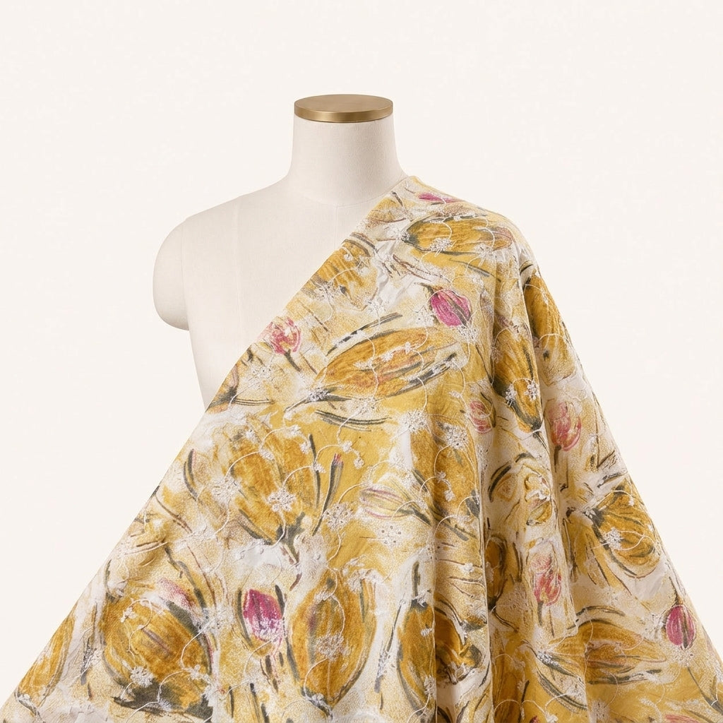 Yellow Embroidery Cotton Fabric Draped as a saree