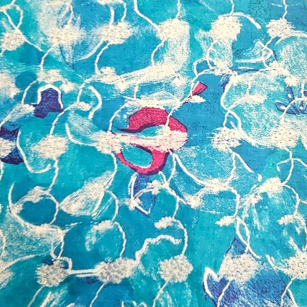 Blue Embroidery Cotton Fabric, laid flat