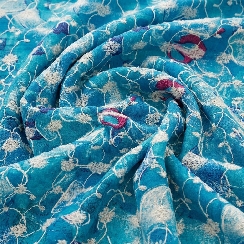 Swirled Blue Embroidery Cotton Fabric Showing Thread Work and Drape